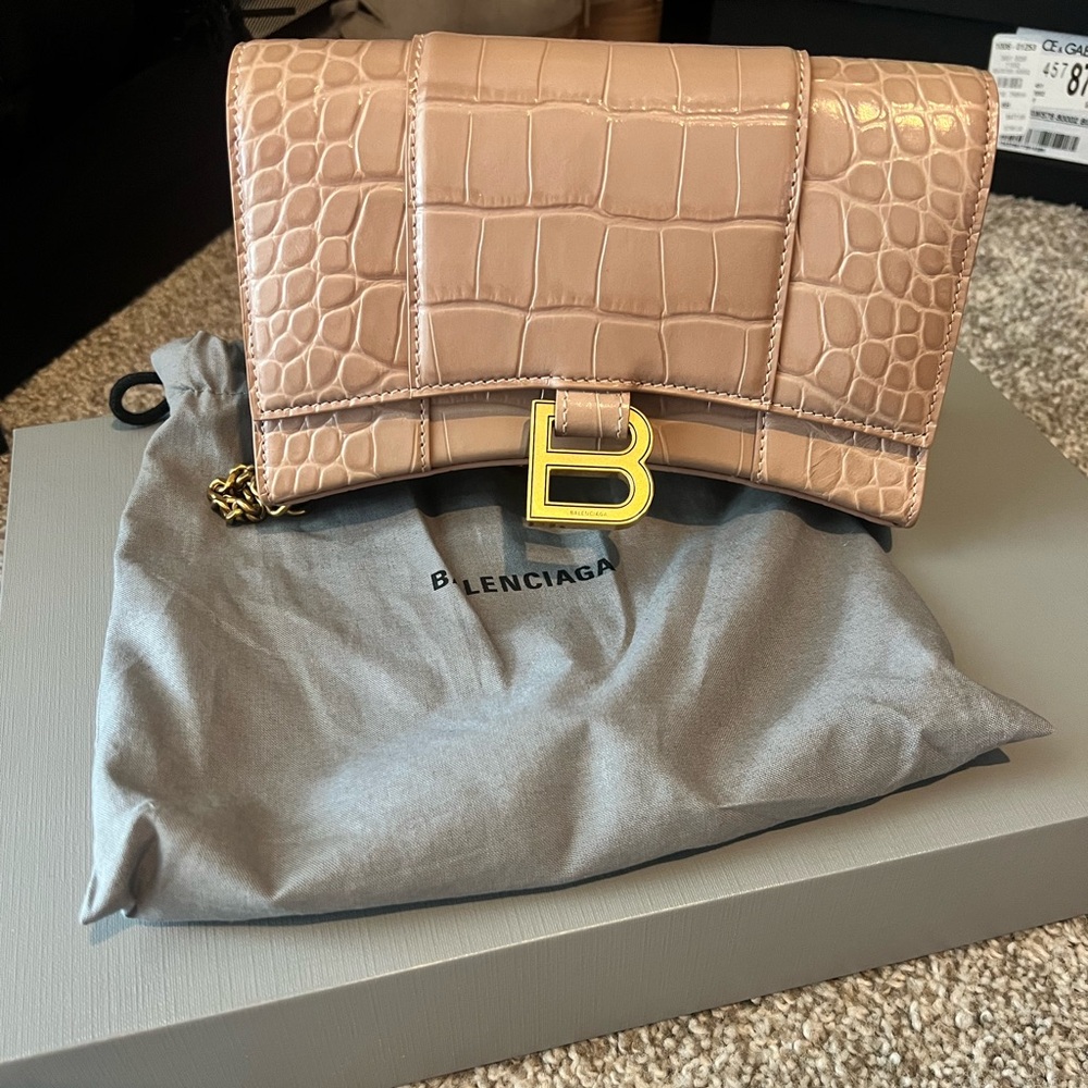 Balenciaga Hourglass Chain Wallet Crocodile Embossed Leather Mini
